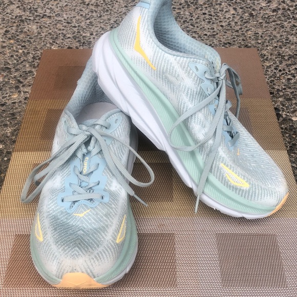 Hoka One One Shoes - Light Blue Running Sneakers with Yellow Accents, Women’s Size 8